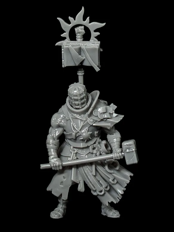 Grey unpainted resin warrior miniature holding a war hammer and banner standard with a sunburst emblem, against a black background