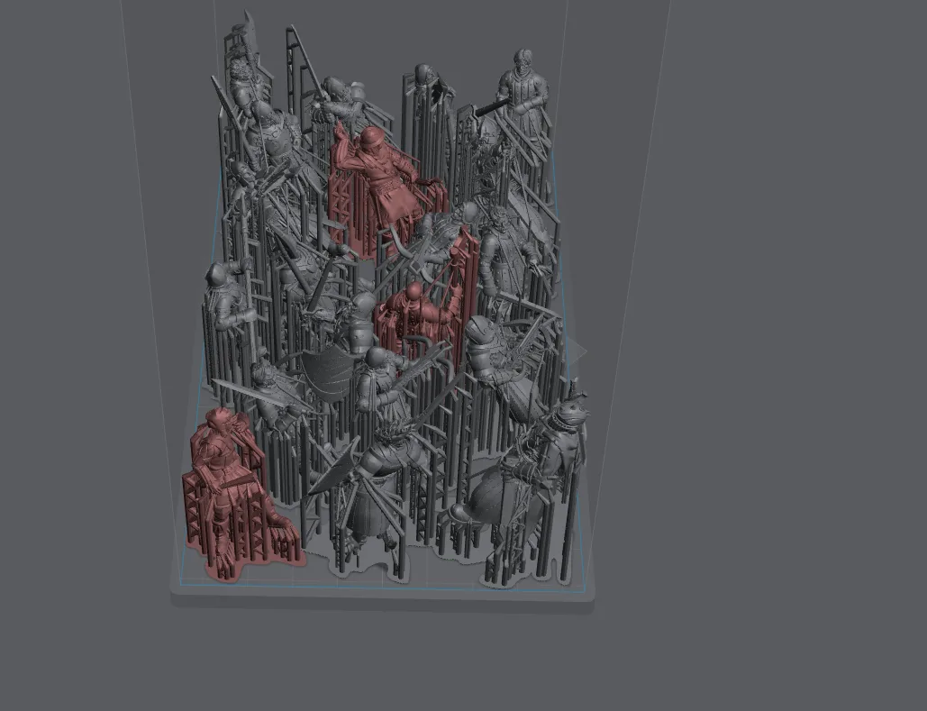 Chitubox slicer 3D preview showing 20 miniatures densely arranged on a build plate with auto-generated red supports, top-down isometric view, batch layout for a full plate print