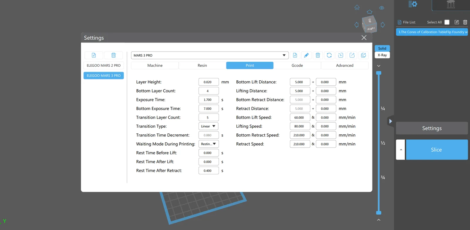 Chitubox slicer settings panel for a Mars 3 Pro profile showing Layer Height 0.020 mm, Bottom Layer Count 4, Exposure Time 1.700 s, and Bottom Exposure 7.000 s