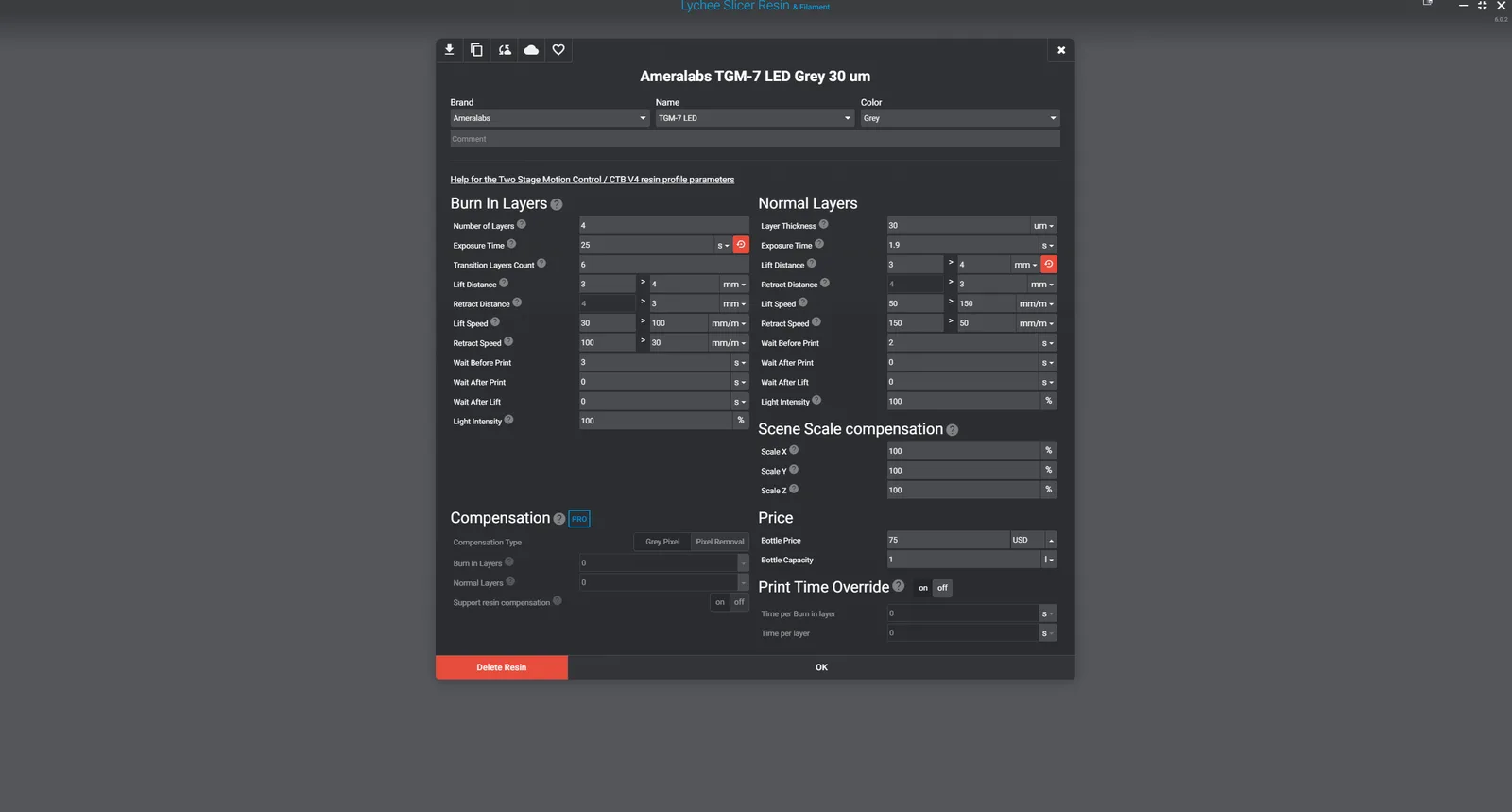 Lychee Slicer print profile settings modal showing burn-in and normal layer parameters including Layer Thickness, Exposure Time, Lift Distance, and Retract Distance fields for an AmeraLabs TGM-7 LED Grey 30 micron profile on a dark themed interface