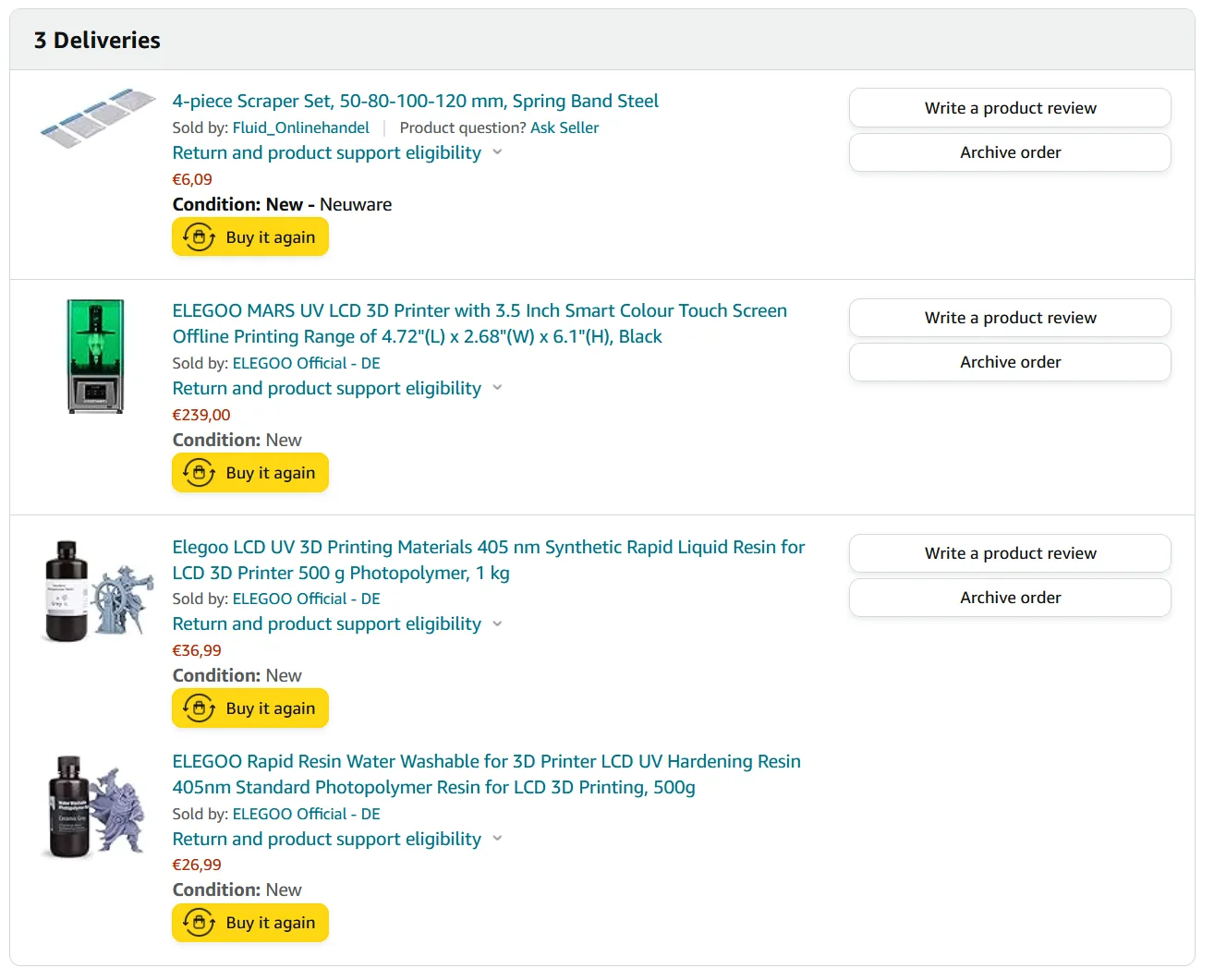 Amazon.de order screenshot from 2020 showing the original Elegoo Mars LCD printer at 259 euros next to bottles of Elegoo standard and rapid resin and a scraper set