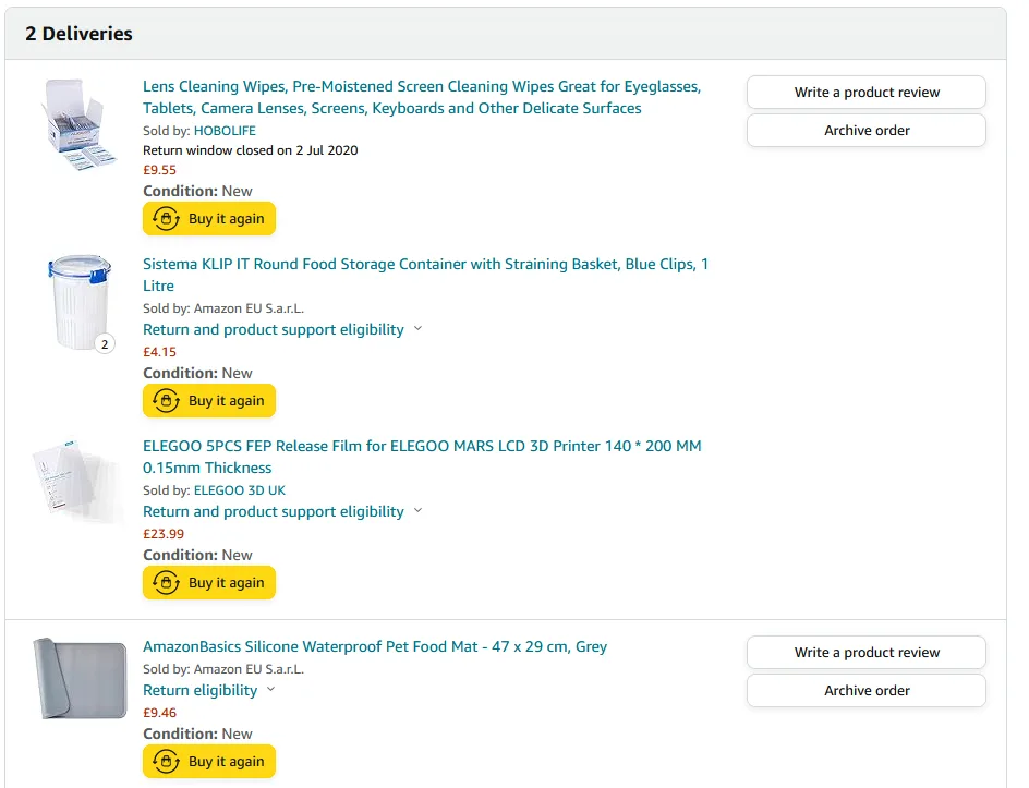 Amazon UK order screenshot from one month after buying a Mars 1 listing IPA lens wipes, a Sistema KLIP IT straining container, an Elegoo five pack of FEP release film, and an AmazonBasics silicone mat