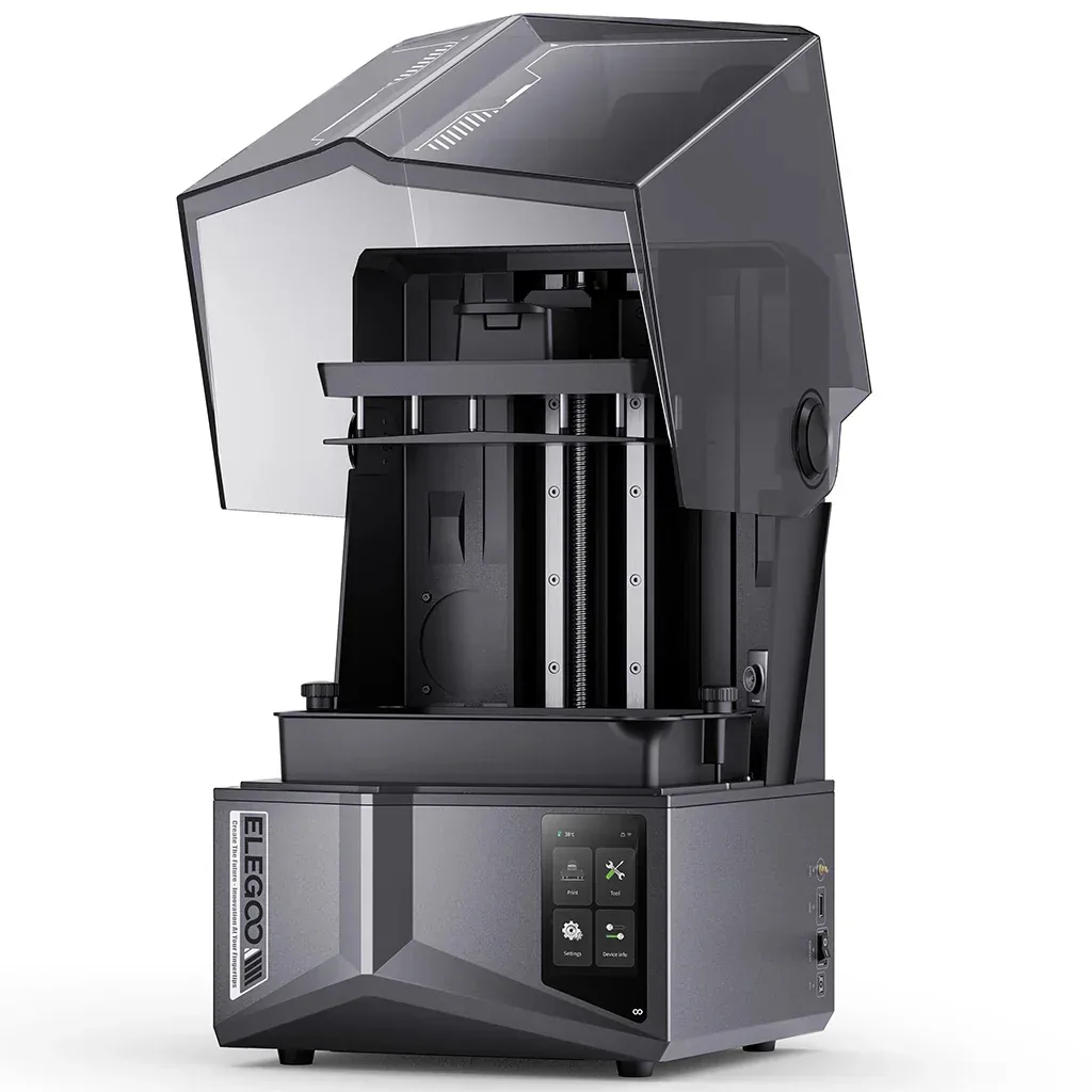 Elegoo Saturn 4 Ultra at three quarter angle on a white background with the smoked acrylic lid raised open, dual linear rail Z axis and lead screw visible, build plate in position, ELEGOO branding and touchscreen menu at the base