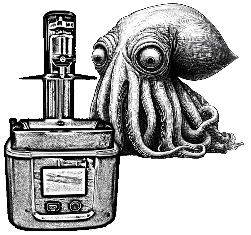 Engraving style illustration of a large squid peering at a resin 3D printer with the build plate raised