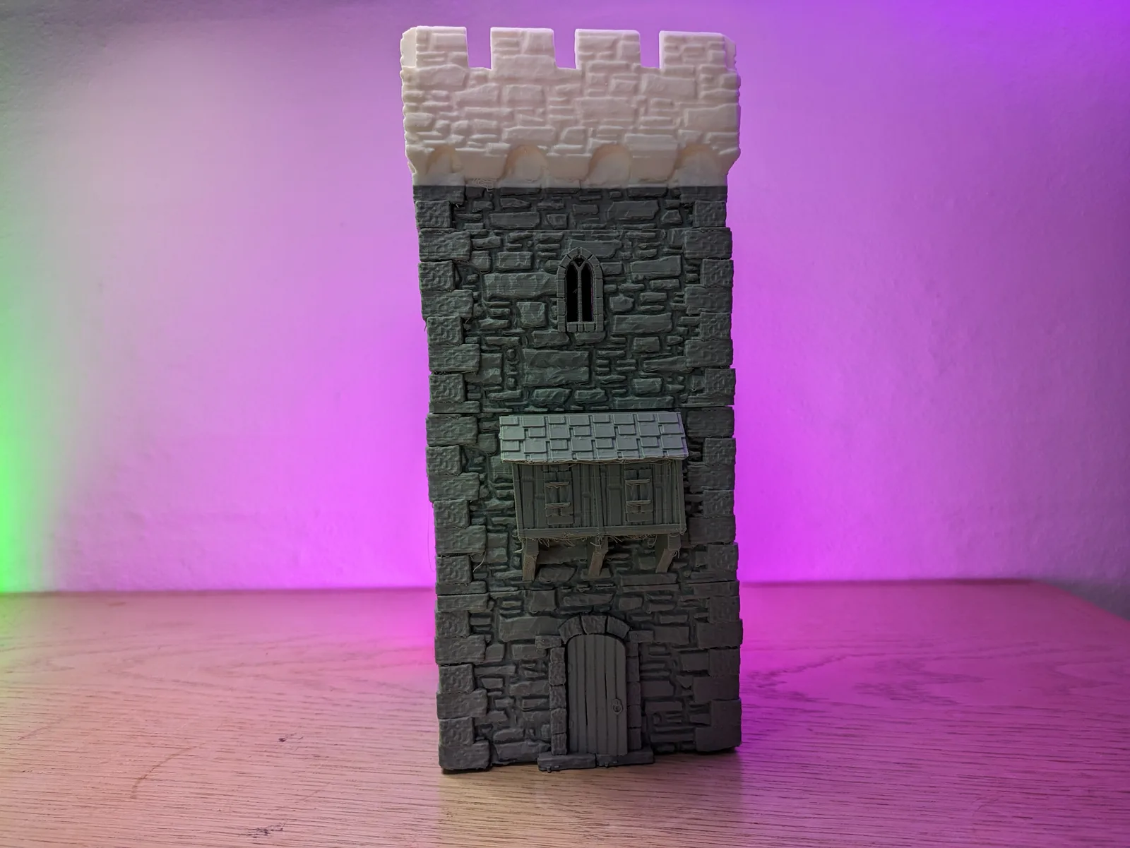 Two-colour modular castle tower printed in grey and white PLA, ambient backlight