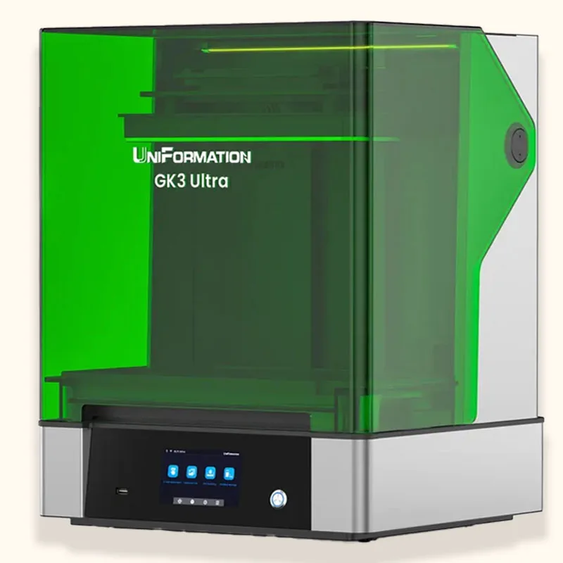 UniFormation GK3 Ultra product render on a warm beige background with the bright green tinted square acrylic lid in place, silver aluminium base, and blue touchscreen icons