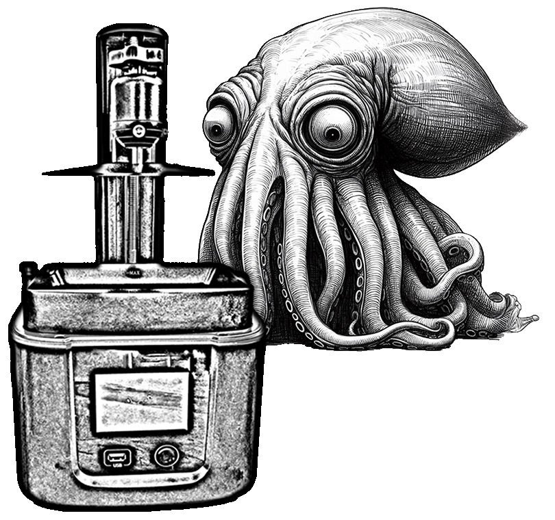 Illustrated squid puzzled by a resin 3D printer